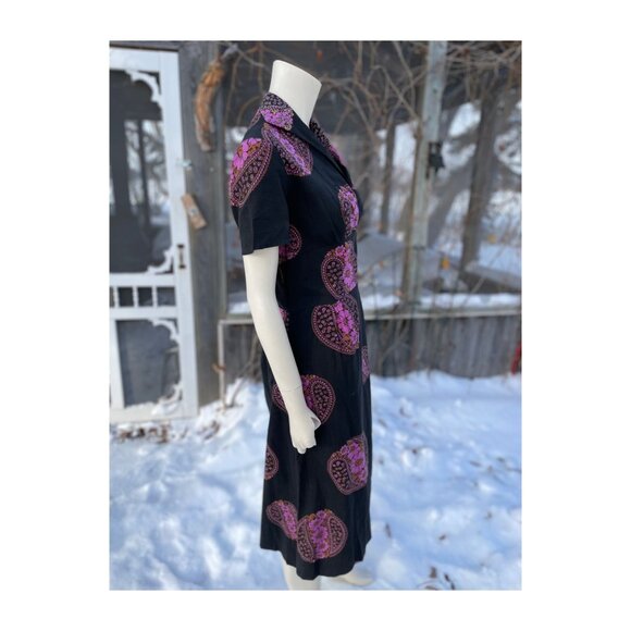 60s Cotton Day Dress Midi Groovy Floral Paisley Print Black Pink Yolk Waist - Picture 3 of 16